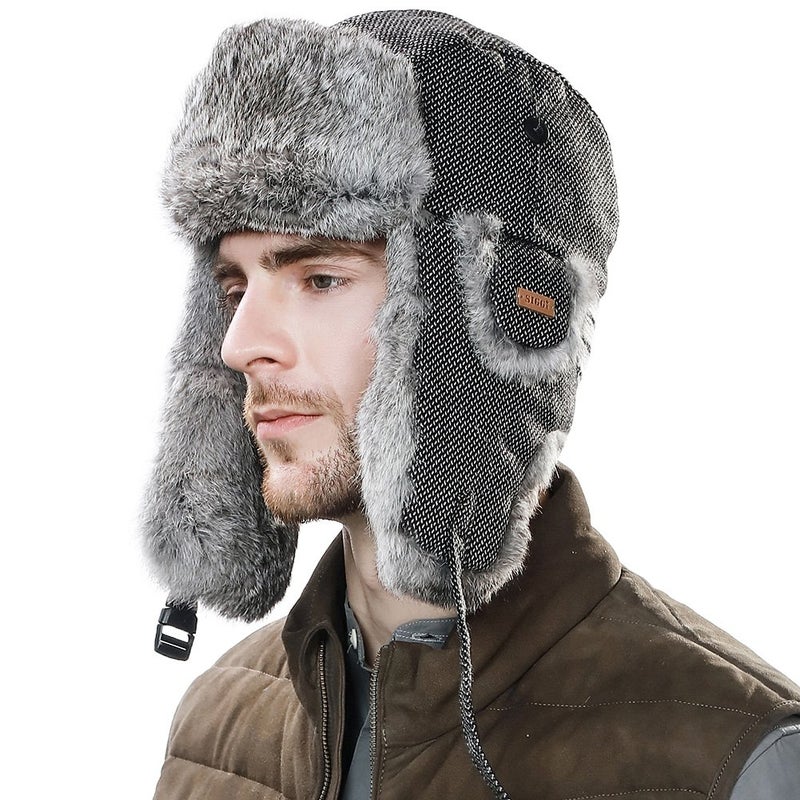 Comhats Winter 100% Real Rabbit Fur Aviator Trapper Hat for Men Ear Flaps Russian Ushanka Cold Weather with Mask Black Large - Image 4